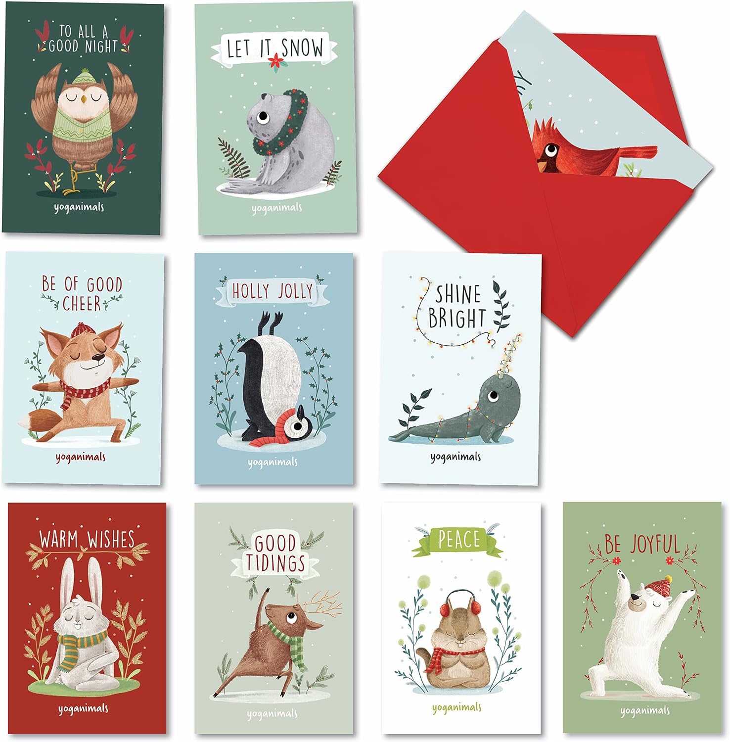 NobleWorks - 10 Funny Assorted Christmas Cards Boxed - Happy Holiday Assortment, Notecards with Envelopes - Holiday Yoganimals AC9520XSG-B1x10