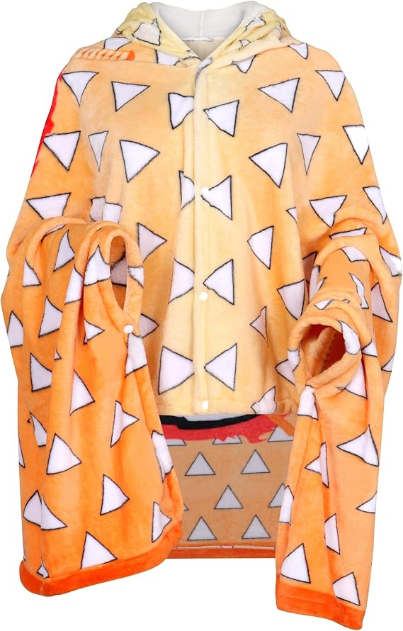 Demon Slayer Agatsuma Zenitsu Wearable Blanket Hoodie, Anime Cosplay Fleece Cloak Cape Shawl Warm Cozy Soft Pajamas Unisex, 100 * 160 cm