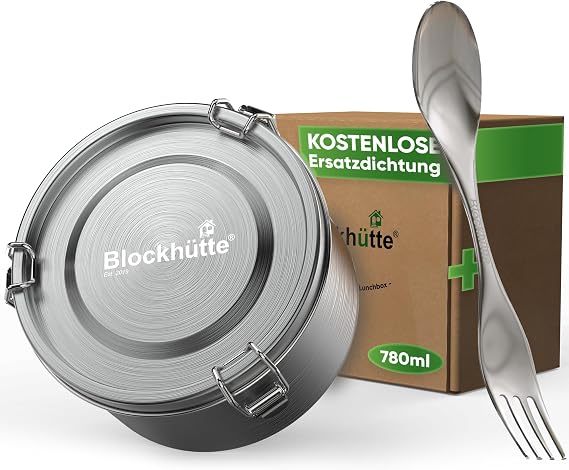 Blockhütte Premium Lunch Box Stainless Steel Children's Round I 780 ml I with Spork and 2 x Seal Set I Lunch Box Stainless Steel Leak-Proof I Lunch Box Metal School I Ovenproof Bowl Dishwasher Safe