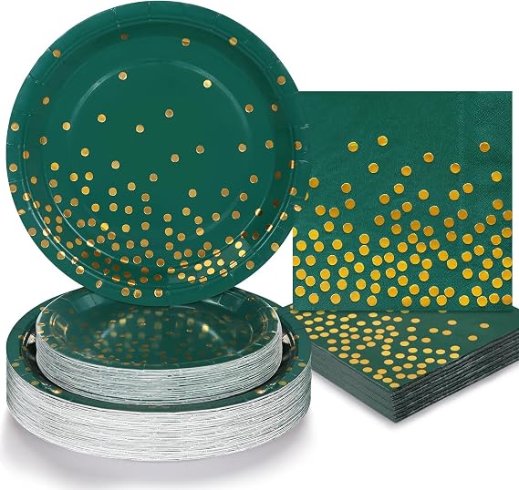 150 PCS Green and Gold Party Decorations,50 Guests Green Plates and Napkins Party Supplies,Golden Dot Paper Plates for Birthday Wedding Christmas
