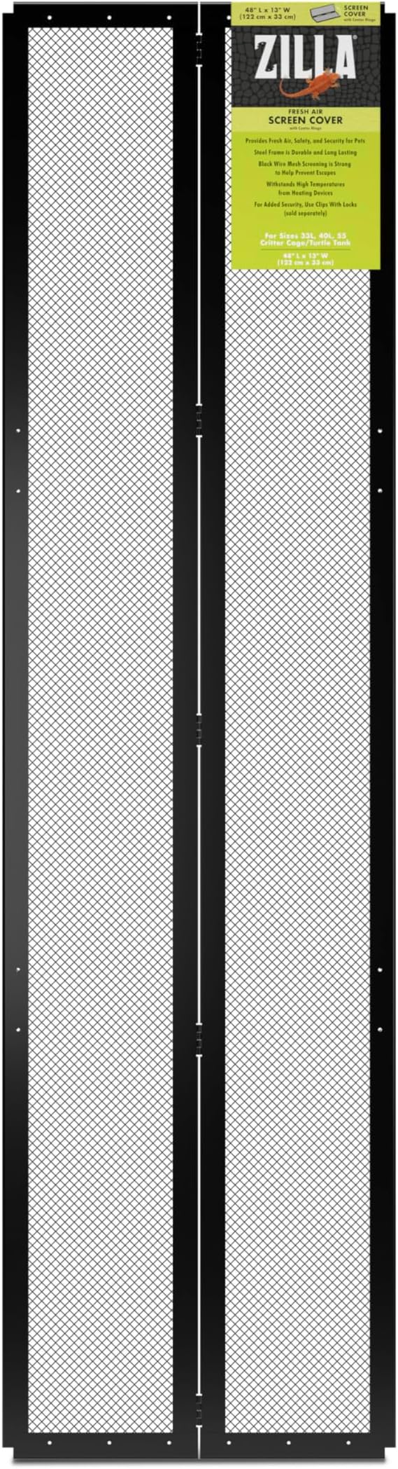 Zilla Fresh Air Screen Cover with Center Hinge, Secure and Durable Metal Mesh Cover for Reptile Terrariums, 48 x 13 inches | Reptile tank accessories with center hinge for easy access, black wire mesh withstands high temperatures
