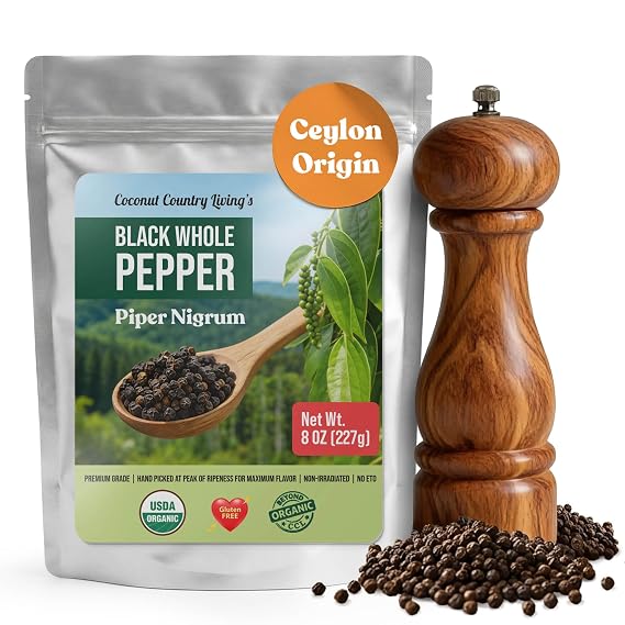 Organic Whole Black Peppercorns 8 oz, Fair Trade Ceylon Pepper for Grinder | USDA Organic, Non-GMO, Gluten-Free, Resealable Bag, Hand-Picked Whole Pepper, Single Origin, Non-Irradiated, Chemical-Free