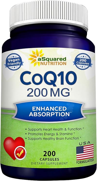 aSquared Nutrition CoQ10 200 Capsules and 200mg - High Absorption Vegan CO Q-10 Powder - Enzyme Ubiquinone Supplement Pills, Extra Antioxidant Coenzyme Q10 Vitamin, Coq 10 Alernative to Softgels
