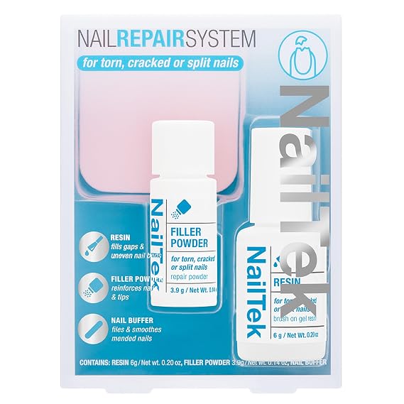 Nail Tek Nail Repair Kit for Torn, Cracked & Split Damaged Nails Strengthener with Resin, Filler Powder & Buffer, Manicure Care Set, 1 Pack