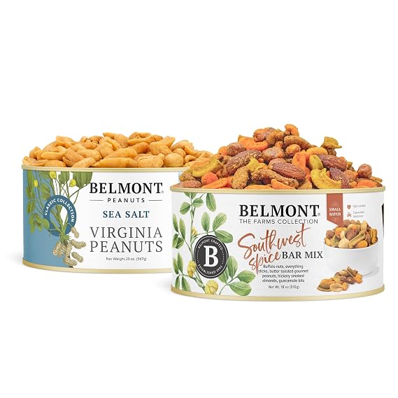 Belmont Peanuts Gourmet Virginia Peanuts, Sea Salt, 20 oz + Southwest Spice Bar Mix, 18 oz (Bundle of 2) | Simple Ingredients, No Preservatives | A Premium, Salty, Crunchy, Hand-Seasoned, Peanut Snack