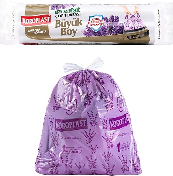 Koroplast Lavanta Kokulu Büyük Boy Büzgülü Çöp Poşeti 10'lu 65x70 cm, Kolay Bağlanır Kokulu Büzgülü Büyük Boy Çöp Torbası, Sızdırmaz, Yırtılmaz, Geri Dönüştürülebilir Torba, Ekstra Güçlü Çöp Poşeti