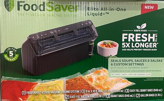 FoodSaver Elite All-in-One Liquid+ VS5910 Vacuum Sealing System with 6 Custom Settings, Built-in Handheld Sealer, Includes Bags and Roll