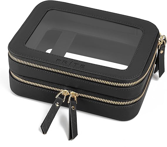 Prite Clear Makeup Bag Cosmetic Case Travel Toiletry Bag, Black, 2 Layer | Three Sizes, Water-resistant, Tsa Approved, See Through, Car Essentials, Vegan Leather, Transparent PVC, Gift Box Packaging