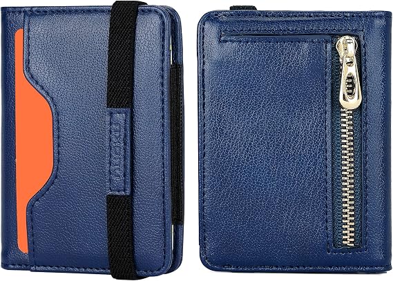 nuoku Minimalist Wallet for Men, Leather Slim RFID Mens Wallet, Bifold Front Pocket Wallet with ID Window and Elastic Card Slot, Max 9 Cards (Blue)