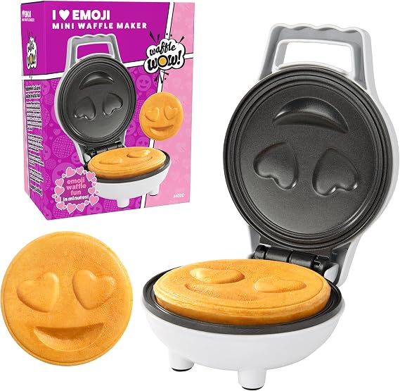 Heart Eyes Emoji Mini Waffle Maker, Personal-Sized 4" Smiley Face Pancakes | Electric Non-Stick Baker Iron with Recipe Guide- Loving Treat Gift for Kids, Adults, Easy Fun Bake College Dorm Essential