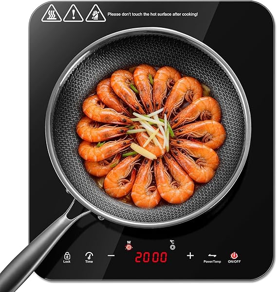 Single Induction Hob 2000W, Portable Induction Cooker with 10 Power & Temperature Levels, Touch Control, Child Lock, 3-Hour Timer, Residual Heat Indicator, Black Glass Panel Electric Hob