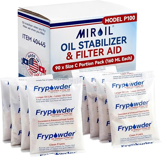 MirOil P100 Fry Powder Oil Stabilizer and Filter Aid, 90 x Size C Portion Pack(160ML Each) Fry Powder, Food Centers Cook Hotter, Deep Fryer Cooking Oil Saver Helps Save Grease & Remove Carbon Deposits