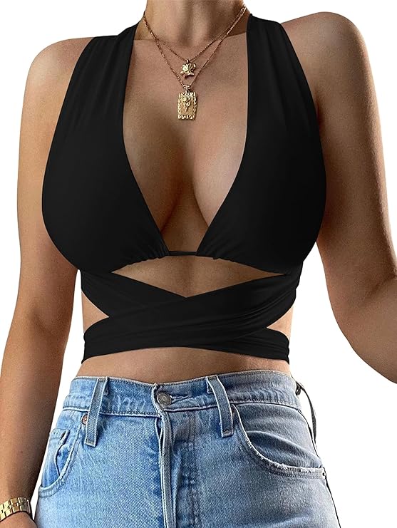 Kaximil Women's Sexy Halter Criss Cross Tank Crop Tops | V Neck Sleeveless Self Tie Bodycon Concert Top
