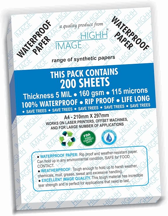 Waterproof Paper | 200 Sheets, A4, 160 GSM Thickness 5 MIL, Synthetic Paper, from HIGHH Image for Laser Printers. This is not for Inkjet Printers