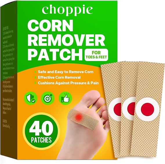 Choppie Corn Removers for Toes (40 Patches), Corn Removers for Feet, Foot Corns Health Patch - 40% Salicylic Acid Long Adhesive, Foot Pads for Adults Seniors Teens Athletes Hikers Workers Men Women