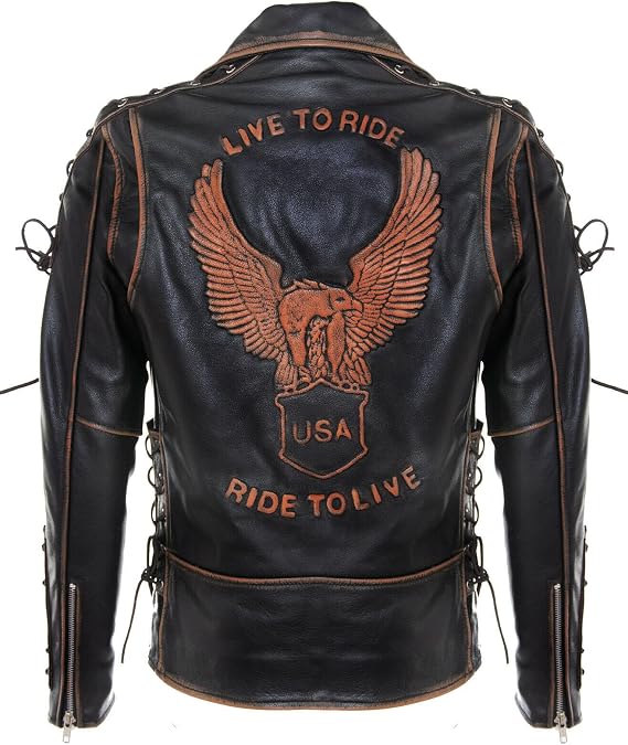 Infinity Leather Men's Vintage Black Brando Live to Ride Embossed Eagle Leather Motorcycle Jacket