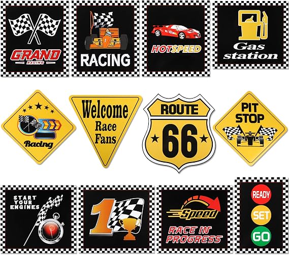 12 Pieces Race Car Party Decorations Checkered Flags Racing Happy Birthday Party Signs Funny Race Car Signs Cutouts Let's Go Racing Theme Supplies for Fans Birthday