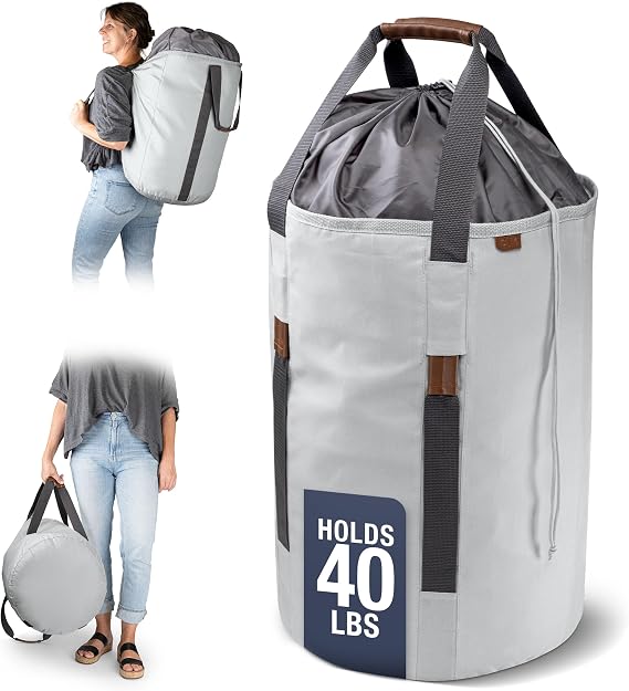 CleverMade LUXE Laundry Duffel Backpack, 62L, Stone Gray