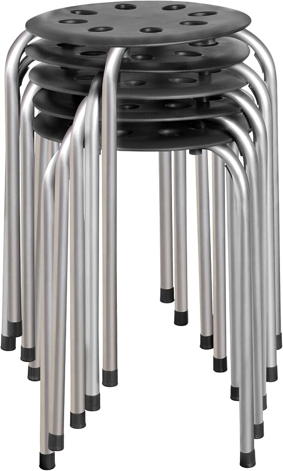 Norwood Commercial Furniture Stacking Stools for Kids and Adults, 17.75" Standard Height Portable Nesting Office and Classroom Stools, Black/Silver, Pack of 5