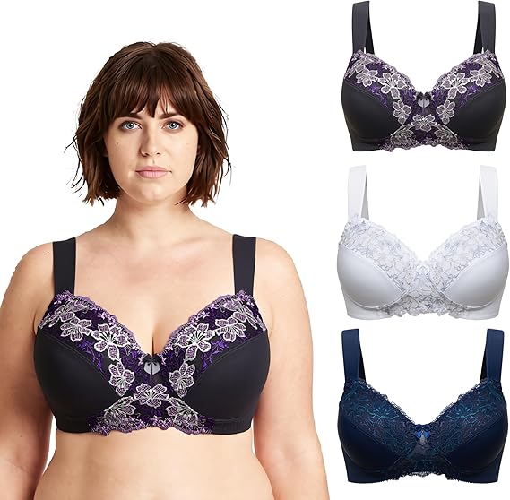 Curve Muse Plus Size Minimizer Unlined Wireless Bra with Lace Embroidery-3Pack