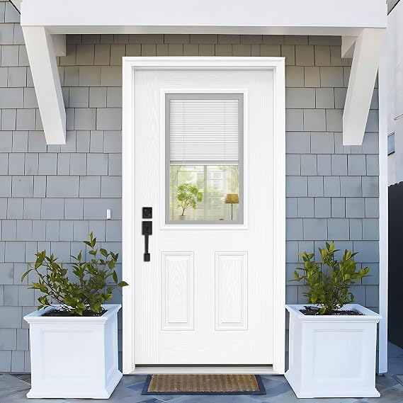 Fiberglass Exterior Front Door with Built-in Internal Blinds 36"x80", Oak Grain Texture, Right Hand inswing Primed Finish Knock-Down Entry Door for DIY Painting, Brickmould and Vinyl Frame Included