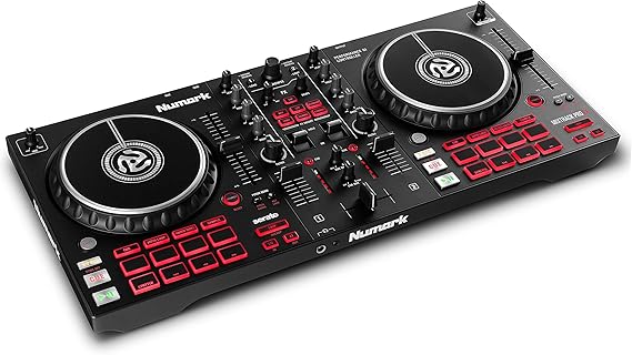 Numark 2 decks 3-band EQ DJ mixer 16 pads 2 effect paddles audio interface Serato DJ Lite
