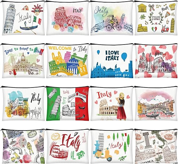 16 Pcs Italy Cosmetic Bag Souvenir Gifts Makeup Bag Travel Vacation Zipper Pouch Purse for Women Birthday Trip Gifts Party Favors