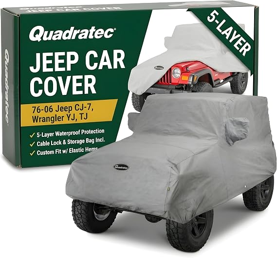 Quadratec Softbond 5-Layer Car Cover - Fits Jeep CJ, Wrangler TJ & YJ 1976-2006 - Jeep Cover 2 Door Jeep Wrangler Cover Jeep TJ Cover Jeep Wrangler Rain Cover - Includes Storage Tote