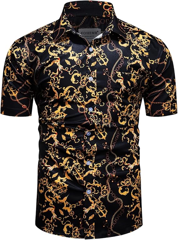 fohemr Mens Baroque Printed Shirt Short Sleeve Button Down Luxury Shirt