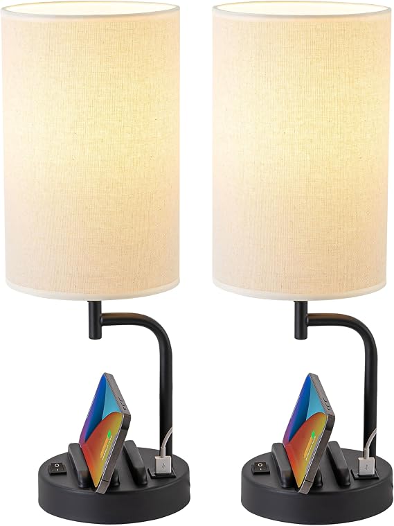 Dreamholder Table Lamp, Bedside Lamp with USB C&A Charging Ports, LED Desk Lamp with 3-Color Modes with Phone Stands, for Bedroom, Living Room, Office, Black(Set of 2, Bulb Included) [Energy Class E]