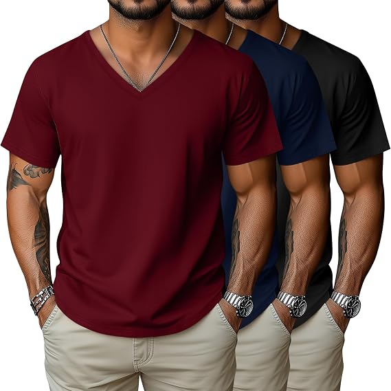 Evervibe 3 Pack Men's Big and Tall Cotton Shirts M-7XL Soft V Neck Shirt Plus Size Short Sleeve Tee Summer Casual Tops
