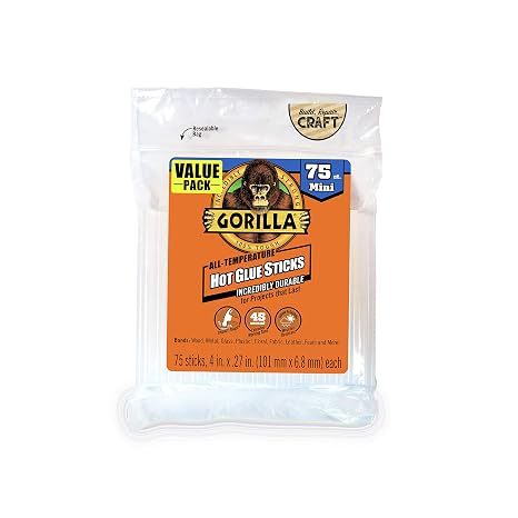 Gorilla Hot Glue Sticks, Clear, Mini Size, 75 Count, 4" Long x 0.27"