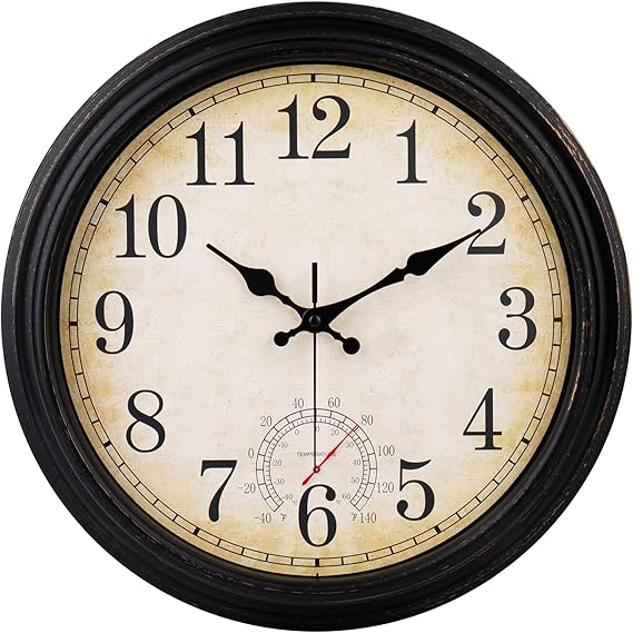 jomparis Outdoor Clocks Waterproof with Thermometer Vintage Wall Clock for Bathroom Patio Pool Garden Living Room Home(40CM,Bronze)