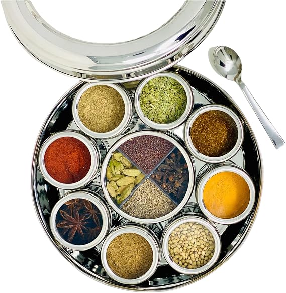 Stainless Steel Indian Spice Box,Salt Pepper Unique Design for Spices, Steel Masala Dabba|Spice Container with Lid,Kitchen Spice Box|Size 8 X 8 X 3 IN(SPICE BOX WITH SPICES)