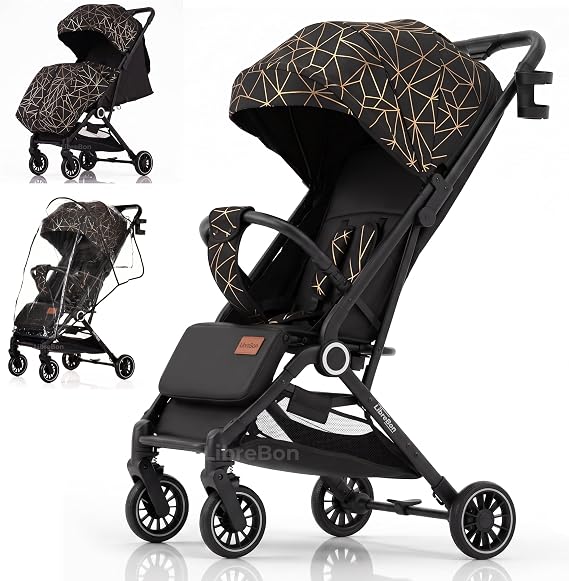 Lightweight Stroller, Baby Pushchair, Compact Travel Buggy, One Hand Foldable, Upgraded Wheels, All Seasons Stroller, Up to 22kg - 48 Months, Cabin Approved (Black - Golden Net, SPD1)