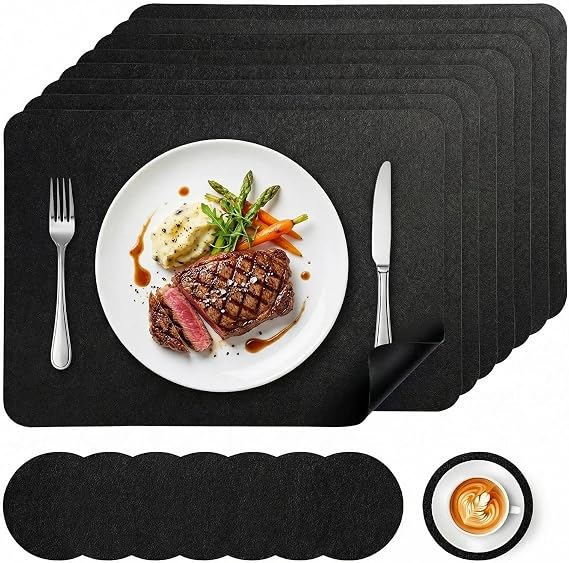 Placemats and Coaster Set 8, Black Faux Leather Waterproof Table Mats, Non Slip Washable Table Placemats, Heat Resistant Place Mats for Tables, Easy Clean Dining Set