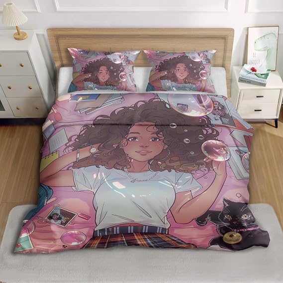 Reofrey 3-Piece Queen Comforter Set with Woman Cartoon Patterns - Queen Size Microfiber Bedding Set Includes 90"x90" Queen Set and 2 Pillowcases, All-Season, for Boys and Girls Room Decor H995