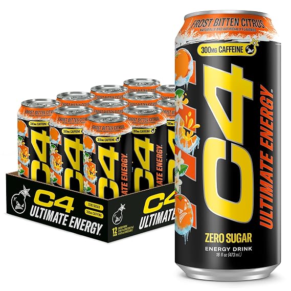 C4 Ultimate Energy Drink, 300mg Caffeine, Zero Sugar, High-Performance Energy for Pre-Workout, Endurance, and Focus, Frost Bitten Citrus, 16oz (Pack of 12)