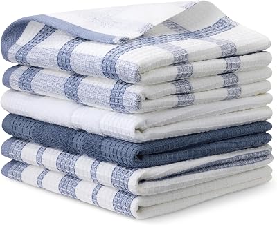Amazon Basics Organic Cotton Waffle Kitchen Dish Towels - Ultra Absorbent, Quick Drying, Lint-Free, 15 x 25 inches, 6-Pack 4 Navy StripChecker, 1 White, 1 Solid Navy