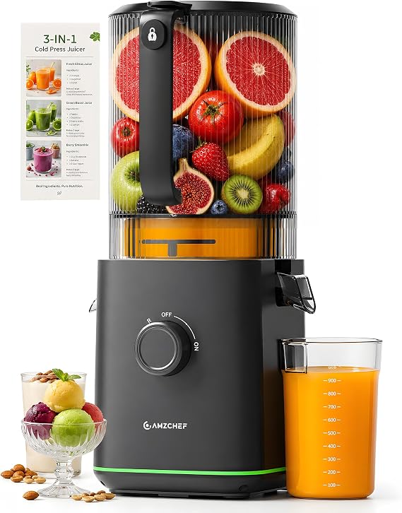AMZCHEF Cold Press Juicer, 6.5" Whole Fruit Self-Feeding Slow Juicer