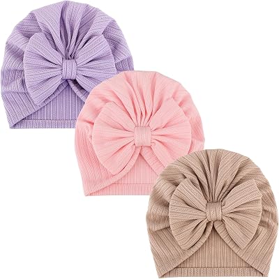 DRESHOW BQUBO 3 Pieces Newborn Baby Turban Hats Bow Baby Infant Beanie Breathable Toddler Cap for Baby Girls