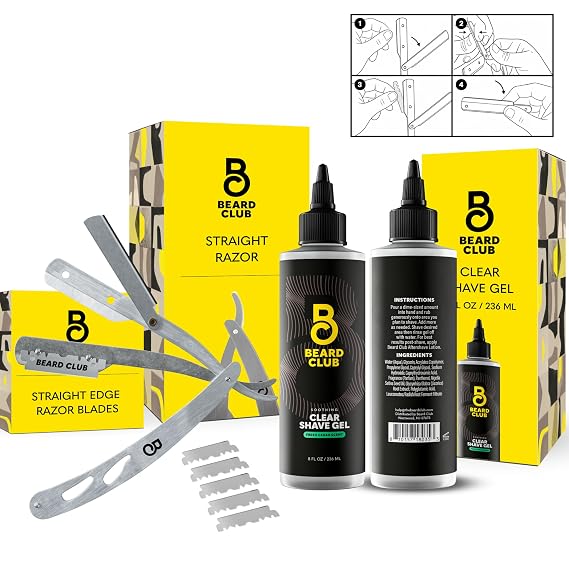 Beard Club Straight Razor for Men & Premium Shaving Gel for Men Hydrating Mens Shave Cream for Sensitive Skin & Navajas Para Barbero - Barber Straight Edge Razor Kit, 5 Blades, Cedar Scent Gift Kit