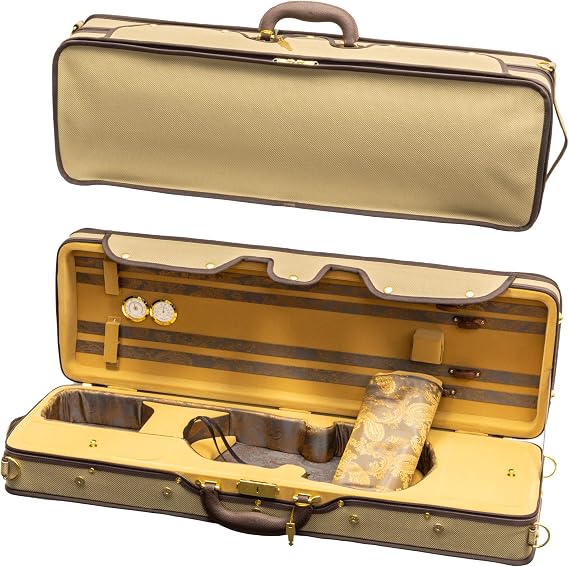 MI&VI NF-9001 Professional Hard-Shell Violin Case 4/4 (Full Size) Luxury Silk Interior | High-Density Foam | Lightweight | Oblong Shape | Adjustable Straps | Hygrometer | Thermometer (Beige)