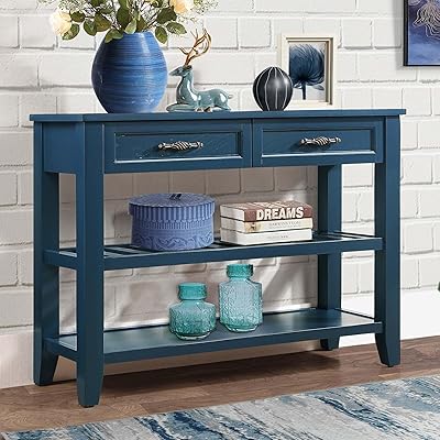 42 Console Table with Storage Shelves, Vintage Entryway Table with Drawers, Wood Entrance Table for Hallway, Foyer, Living Room Furniture, Farmhouse, Mid-Century Modern Navy Blue, 42