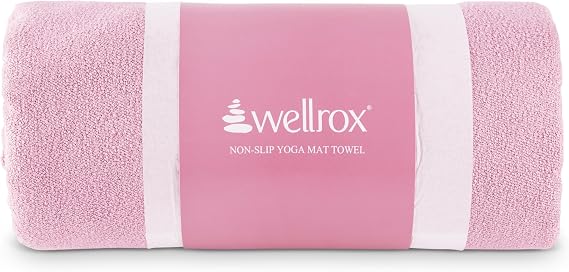 Wellrox Microfiber Yoga Mat Towel with Grip Ultra Absorbent, Super Soft, and Quick Dry Hot Yoga Towel Non Slip for Pilates, Bikram, and Fitness Workouts (74 x 26, Pink)
