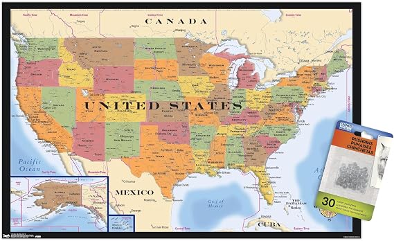 Map - USA Time Zones Wall Poster with Push Pins