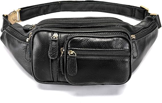 Genuine Leather Fanny Pack large capacity Crossbody Waist Bag with Zipper phone Pockets black