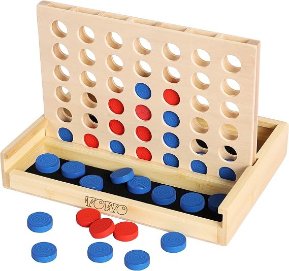 TOWO Wooden 4 in a Row Game, Classic Strategy Board Game for Kids | Wooden travel board game for family play; connect four discs in the same color in a row, gift for kids age 6+ and adults.