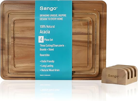 Sango Acacia Cutting Board Set with Juice Grooves and Stand, 3-Piece- Wood Chopping Boards, Stackable & Reversible for Kitchen, Non-Toxic, Perfect as Butcher Block Countertop, Atelier