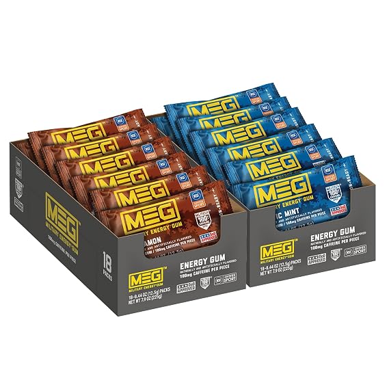MEG (Military Energy Gum) - Cinnamon & Arctic Mint Bundle | Enhance Physical Performance -100mg of Caffeine Per Piece, Boost for Workouts, Alternative to Caffeinated Drinks | Pack of 18